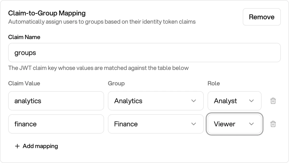 The Claim-to-Group Mapping card with Claim Name set to groups, then two rows: claim value analytics mapped to the Analytics group as Analyst, and finance mapped to the Finance group as Viewer, with an Add mapping button below