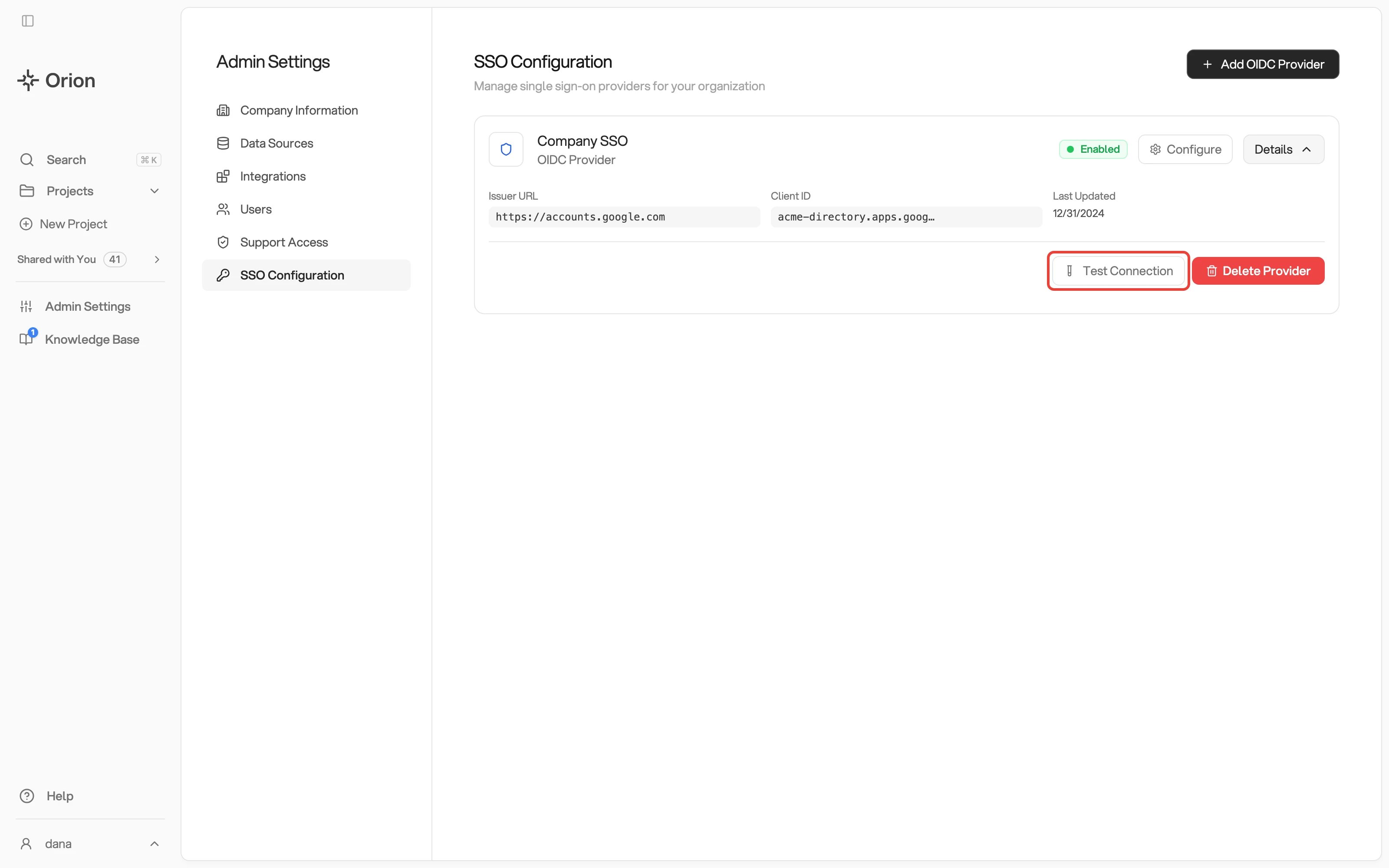 The SSO Configuration screen reached from the Admin Settings sidebar, with one provider named Company SSO carrying an Enabled badge, a Configure button, and an expanded Details panel showing its issuer and a truncated client ID. Test Connection is outlined in red, beside a red Delete Provider button