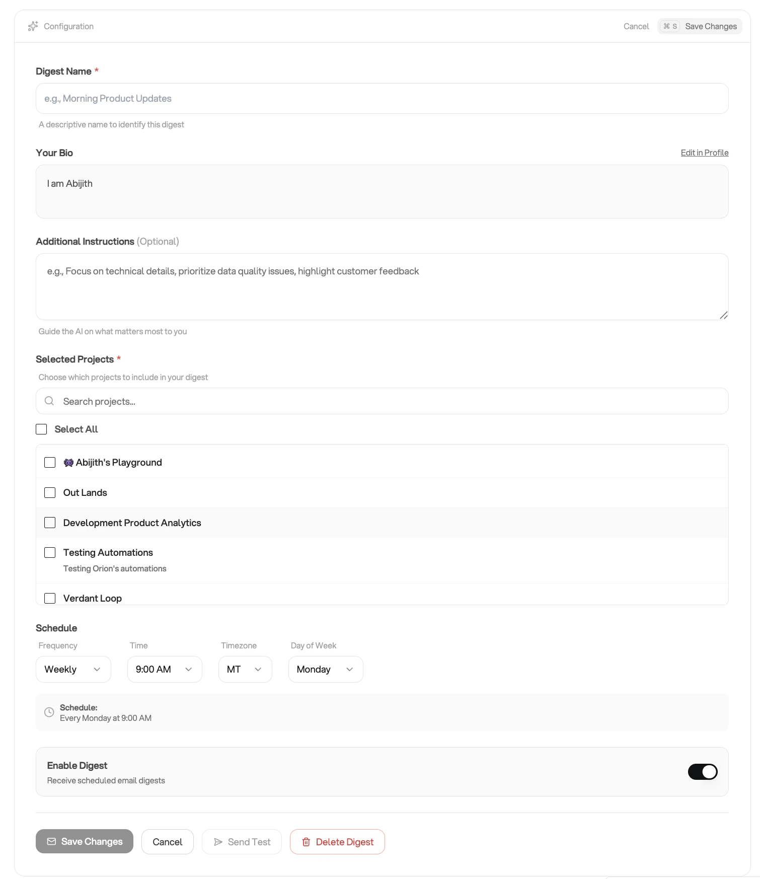 Email Digest create form
