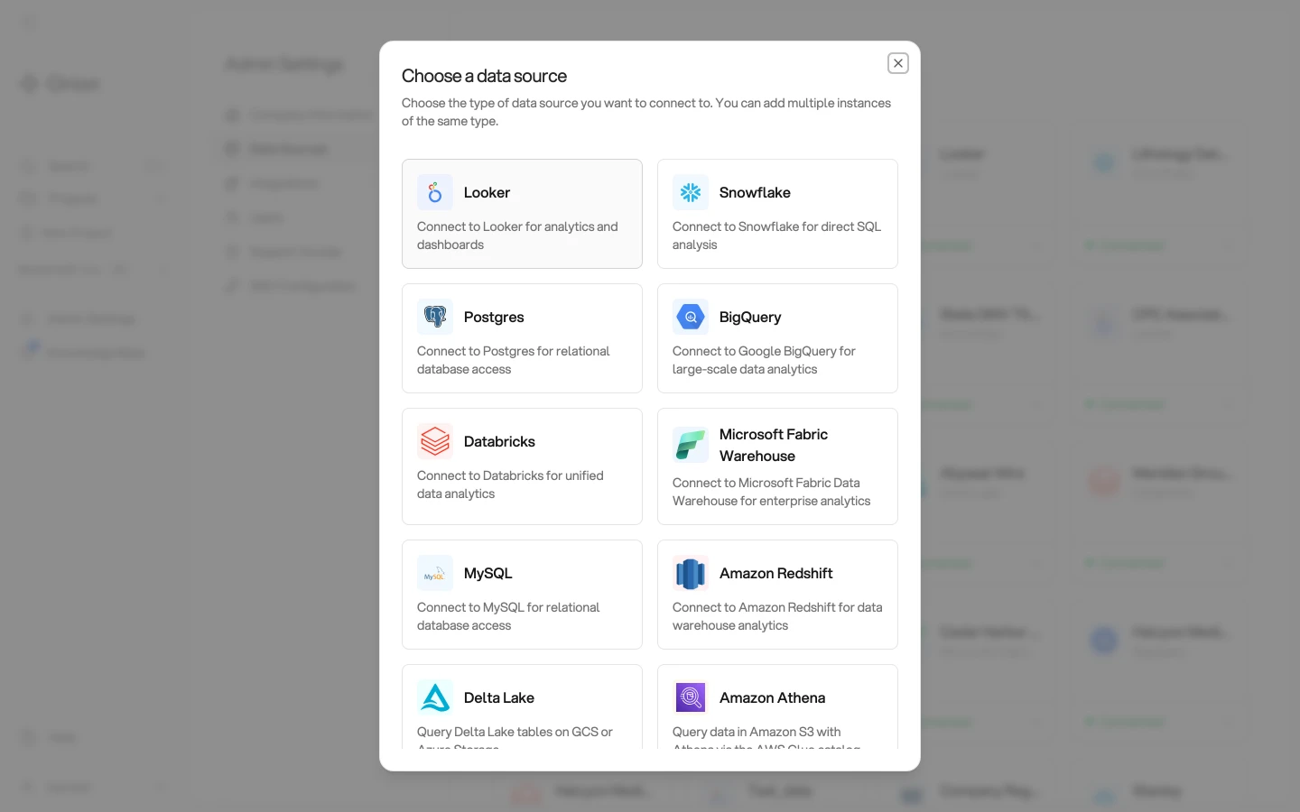 The Choose a data source modal. Source types appear as two columns of cards, each with an icon, a name and a one-line description, and the list scrolls to more types below the fold