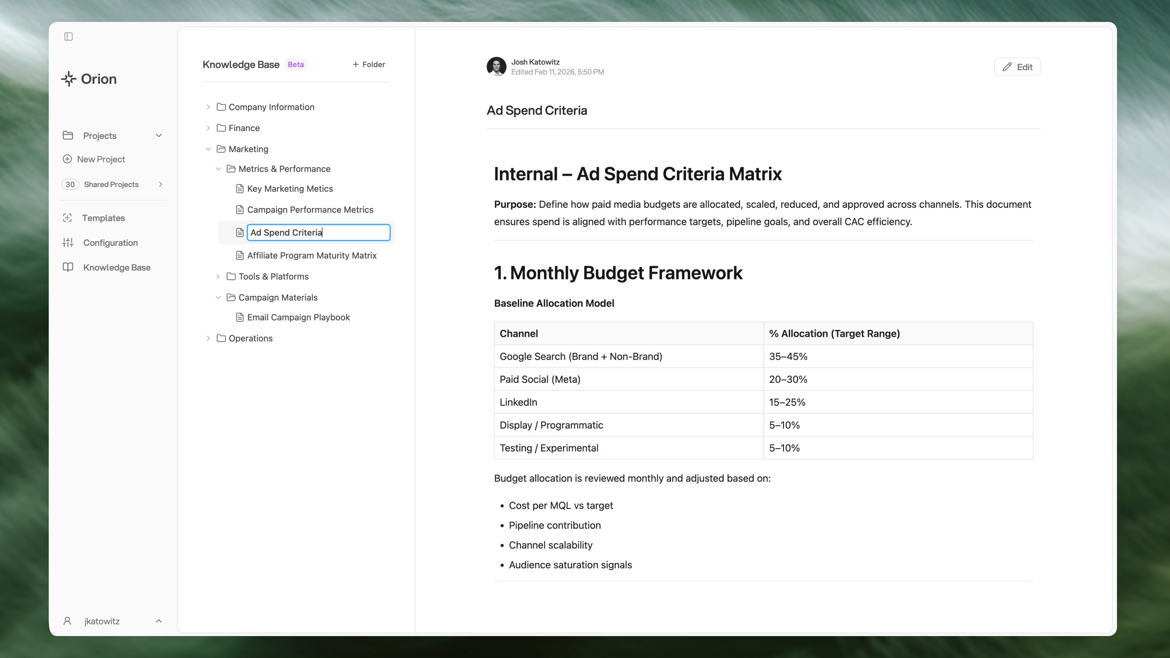 Knowledge Base page with editor