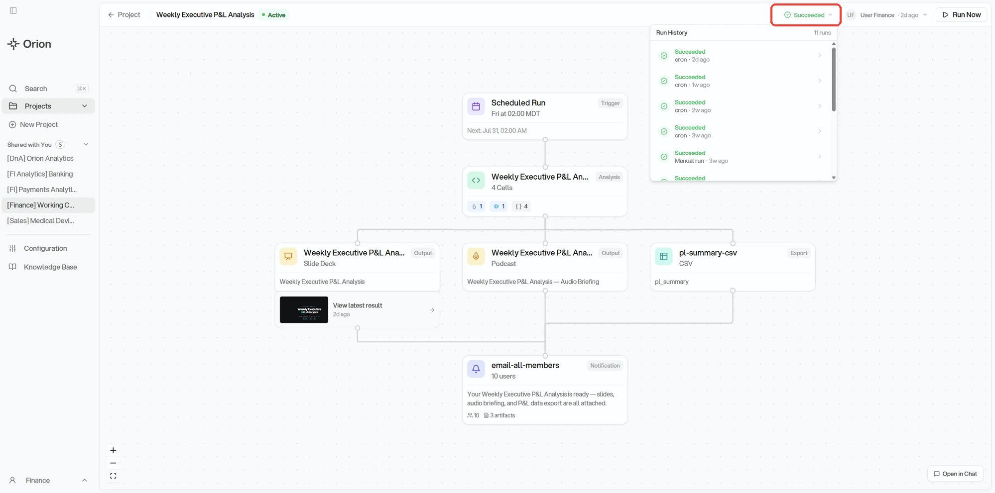 The Workflow header with its run status highlighted, and the Run History panel it opens listing eleven runs, each showing a succeeded status, how the run was triggered, and how long ago it happened