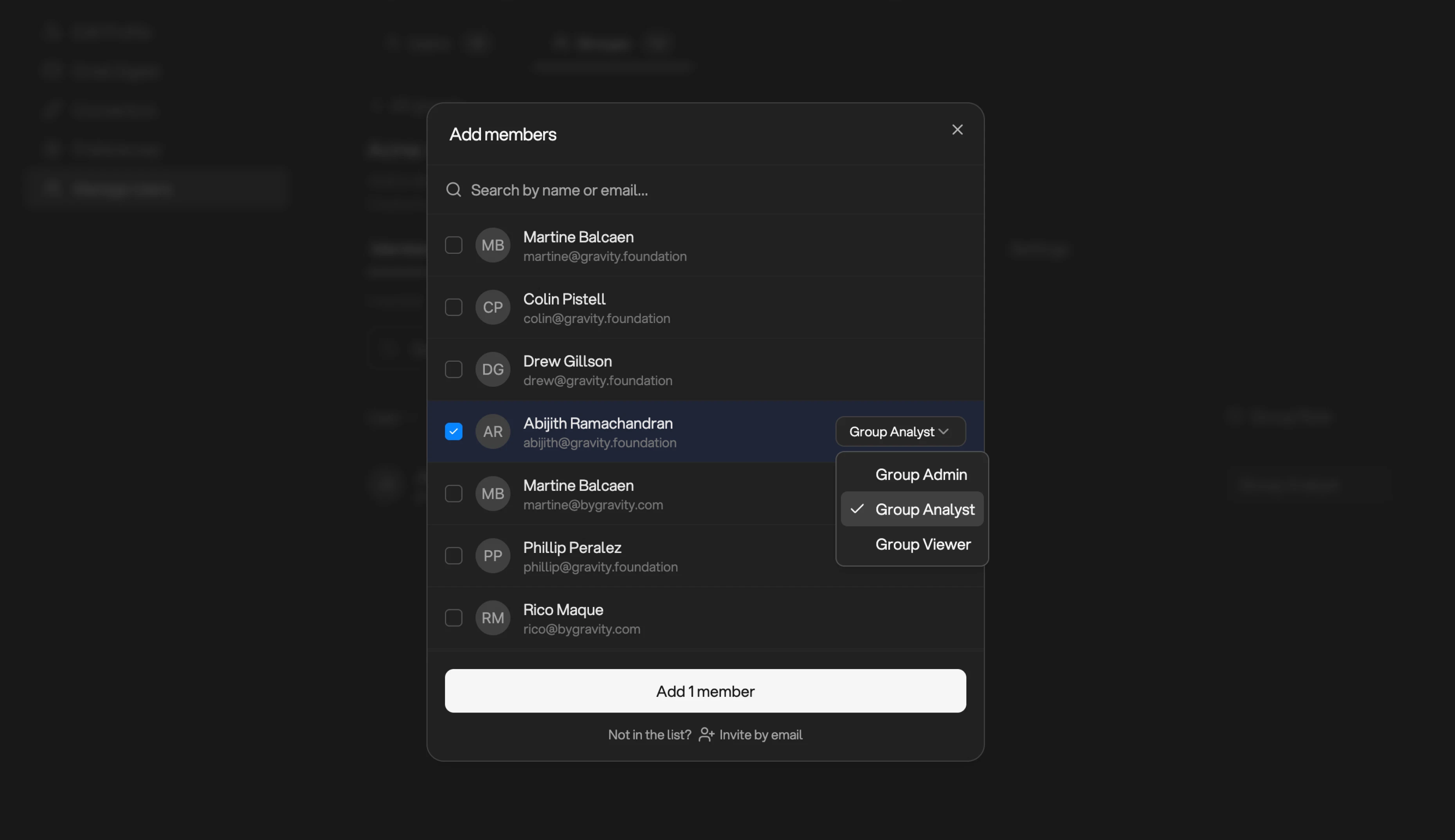Add Members modal with a search field, a list of candidates, and a Join as role picker
