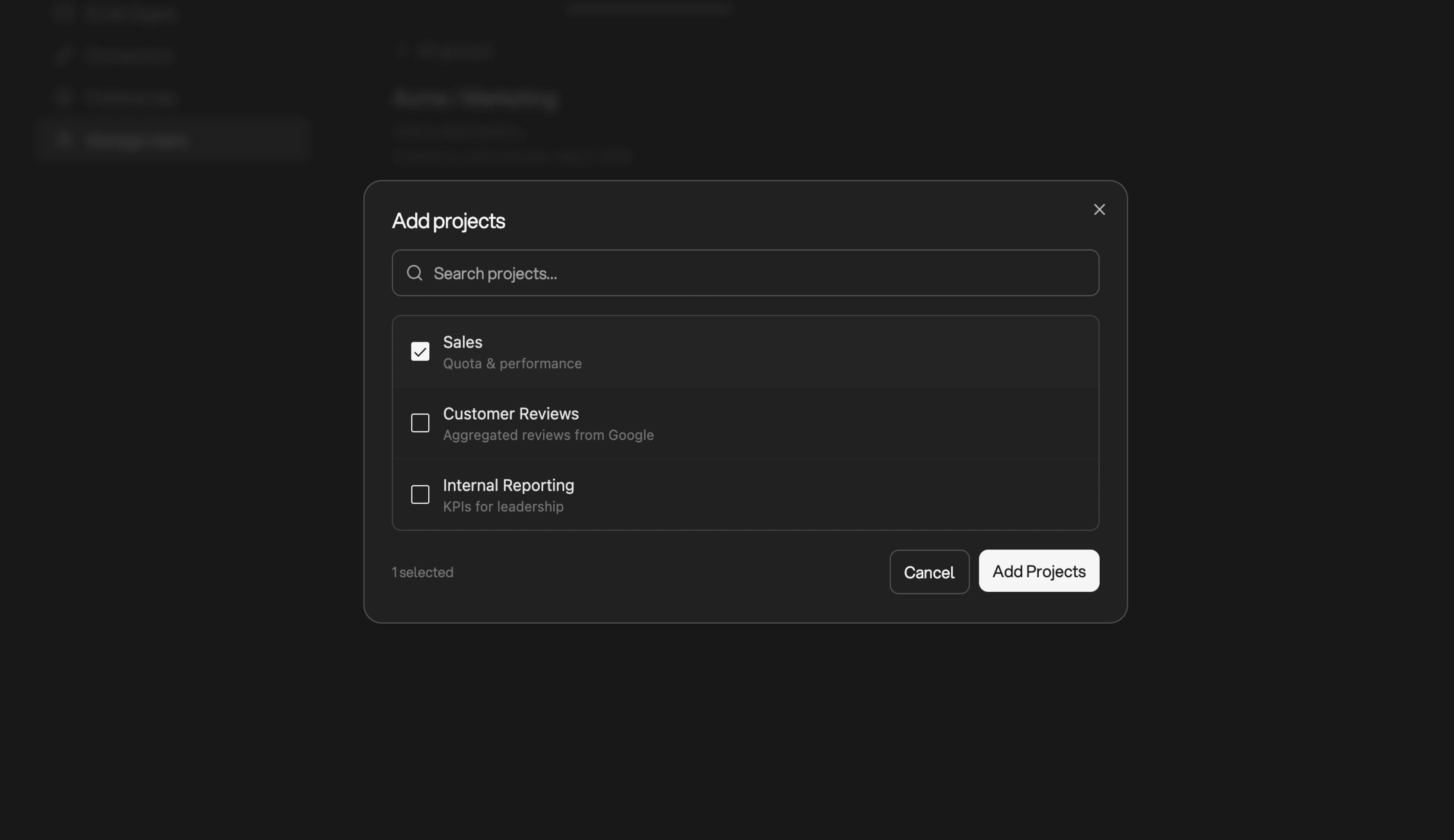 Add Projects modal with a checkbox list of projects and a selection counter