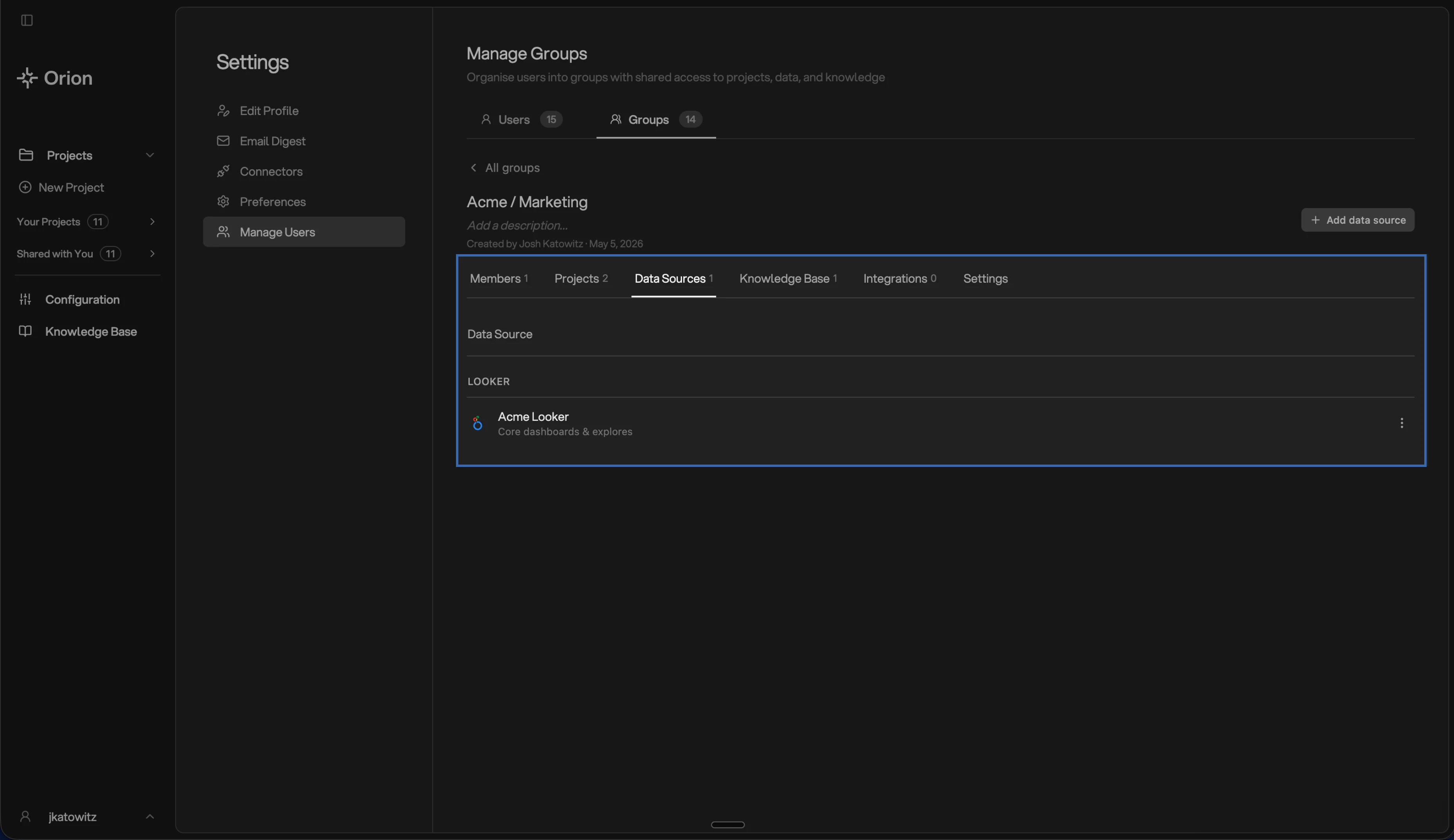 Group detail view on the Data Sources tab with a checkbox list of available data sources