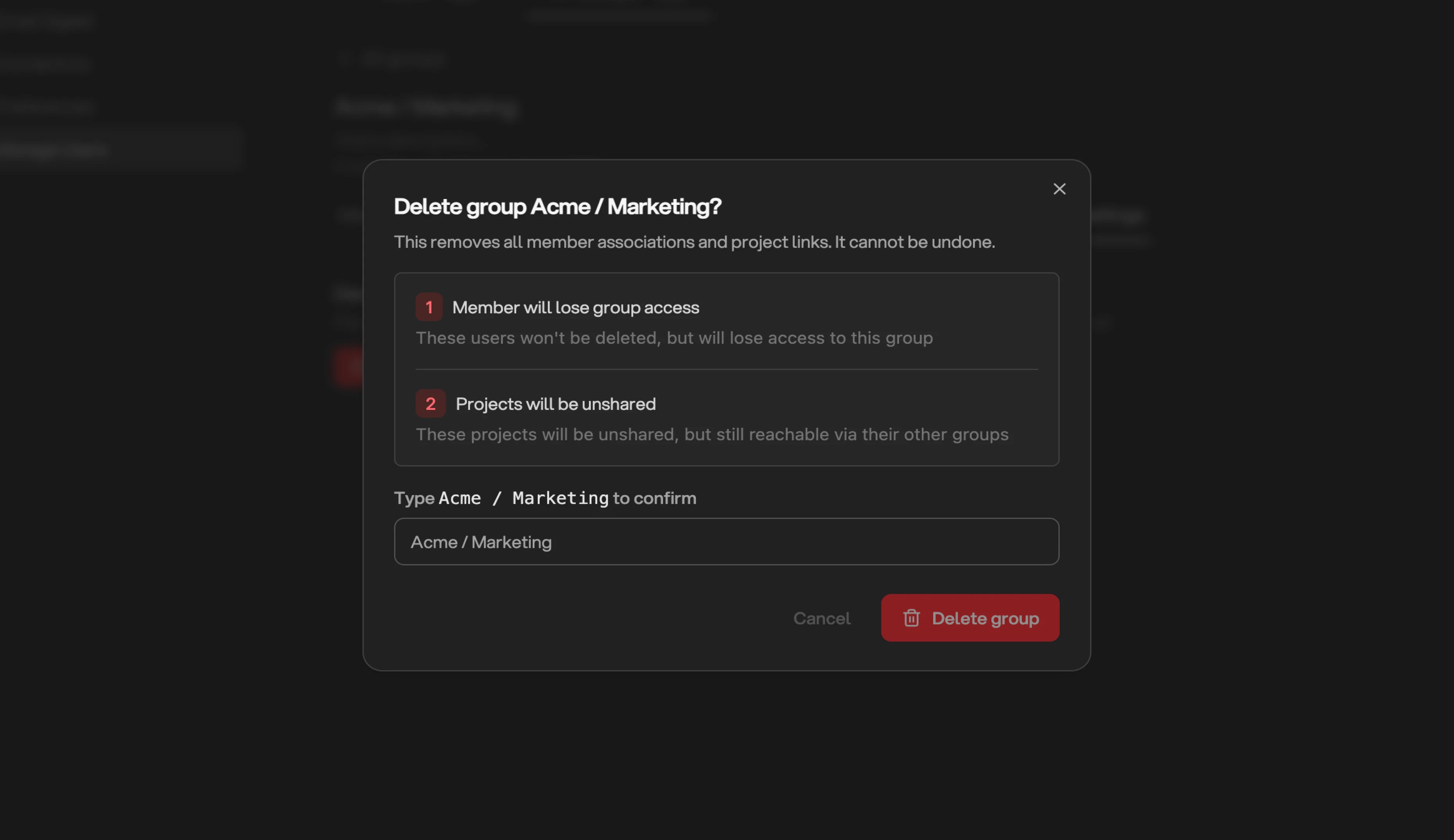 Delete group dialog showing confirmation steps
