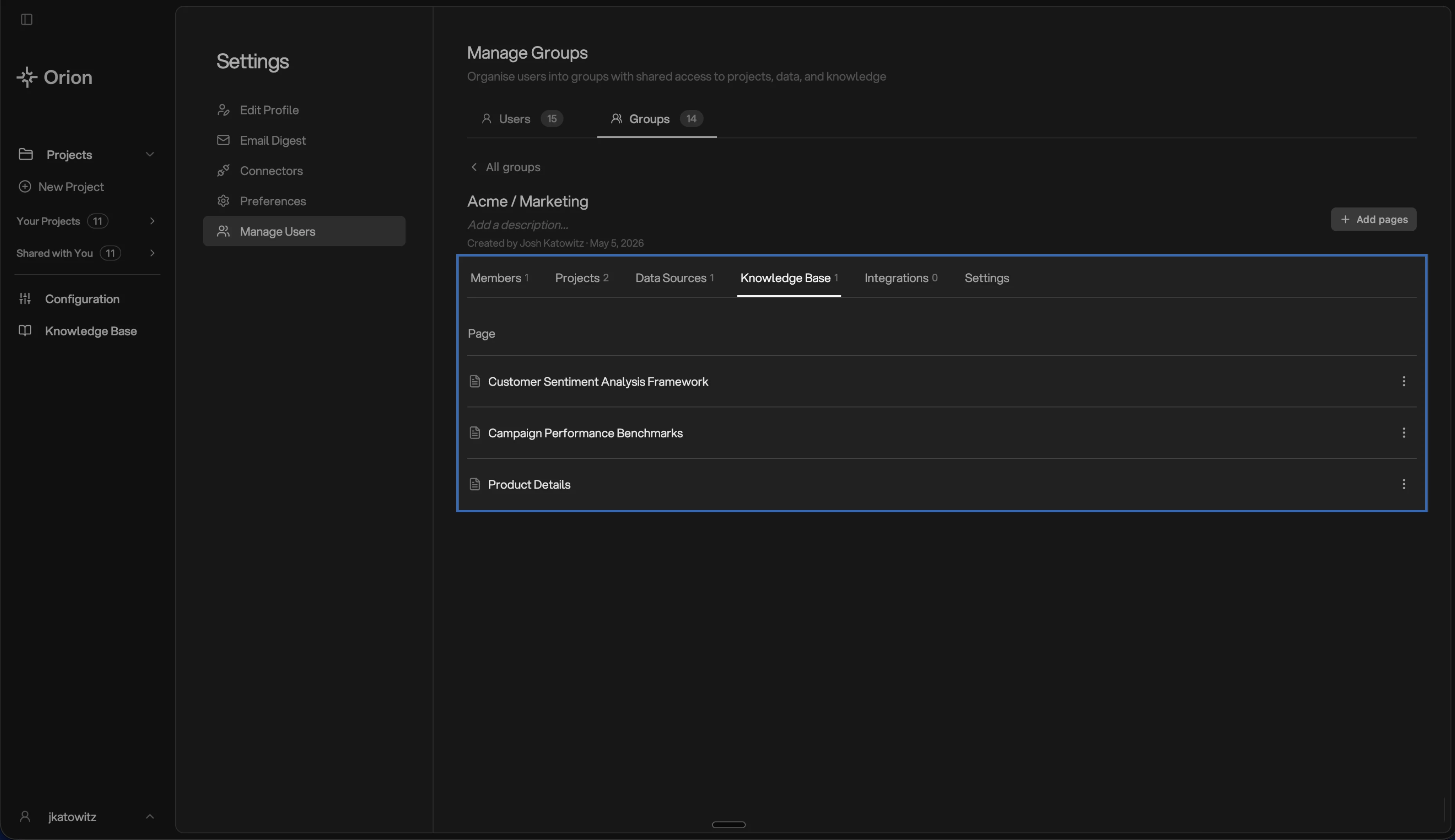 Group detail view on the Knowledge Base tab showing a folder tree with checkboxes