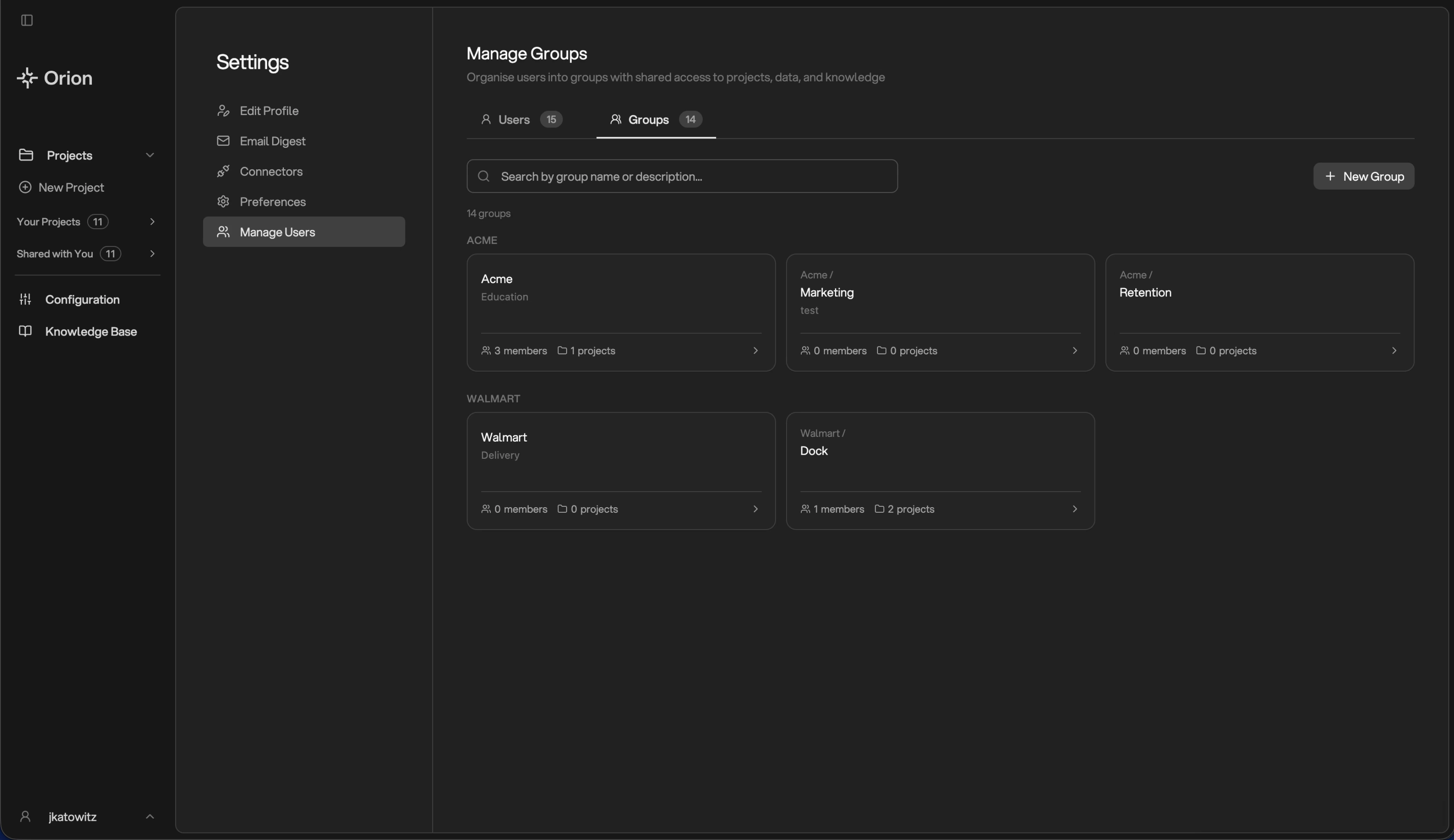 Groups tab in Manage Users showing existing groups with member and project counts