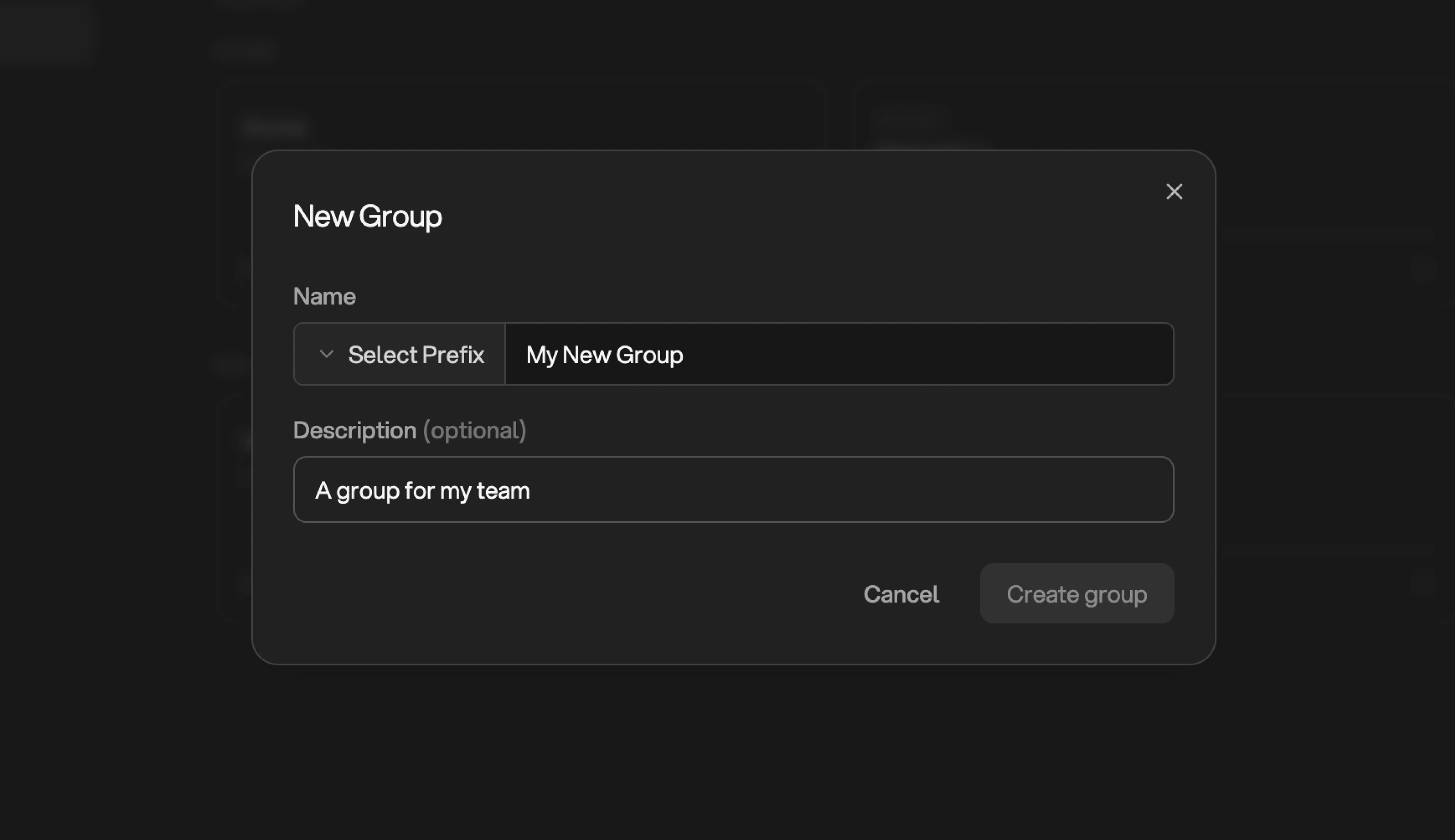 New Group dialog with Name and Description fields