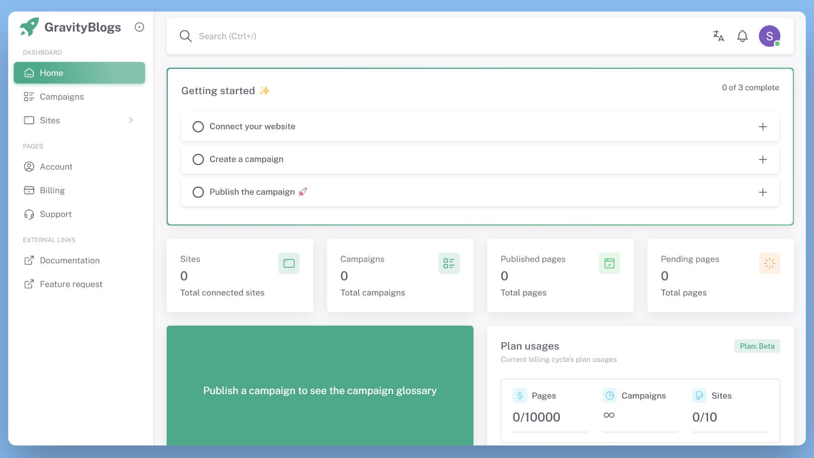 GravityBlogs dashboard