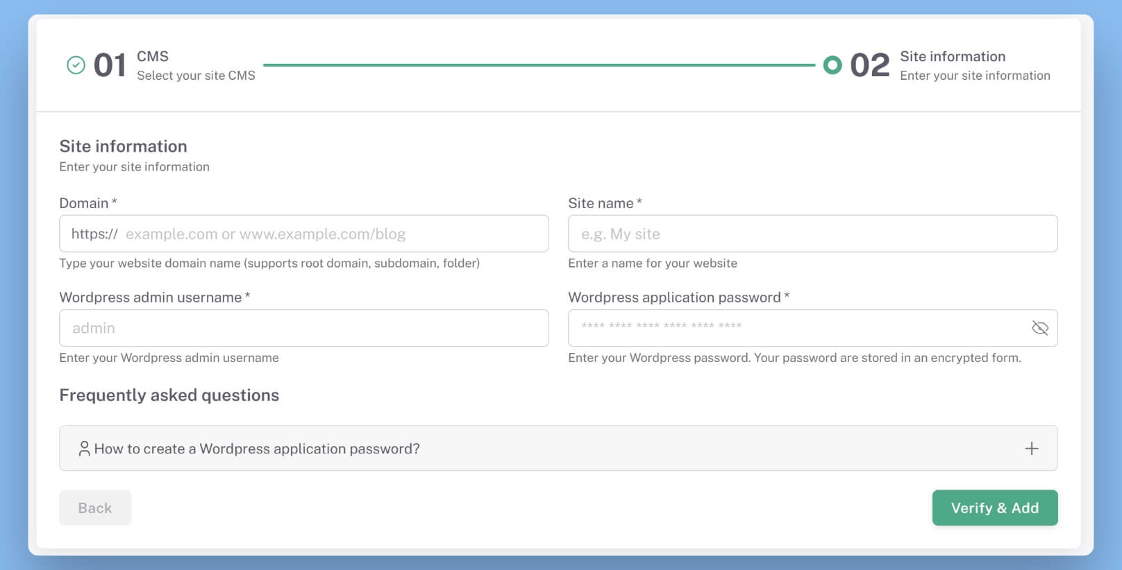 GravityBlogs wordpress site connection form