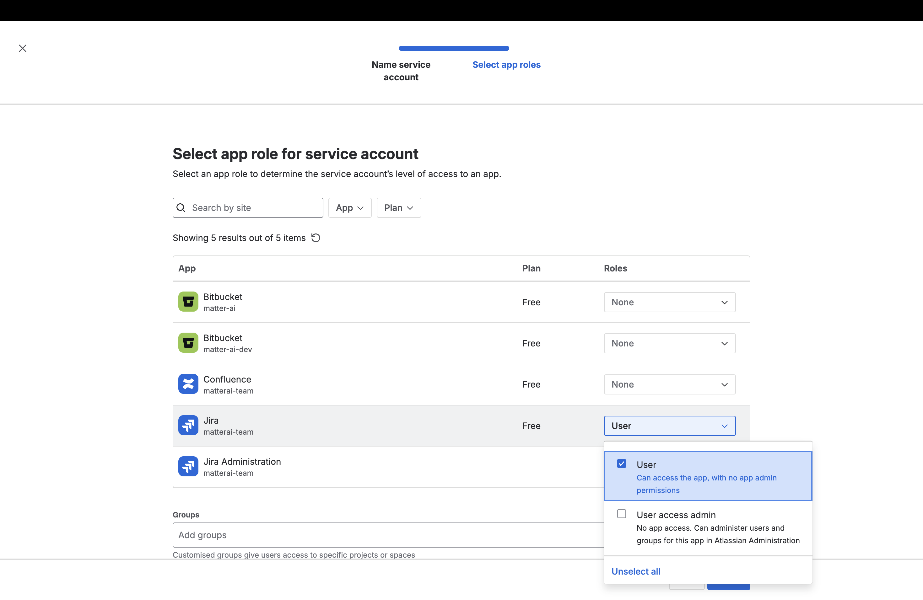 Select app roles for Jira