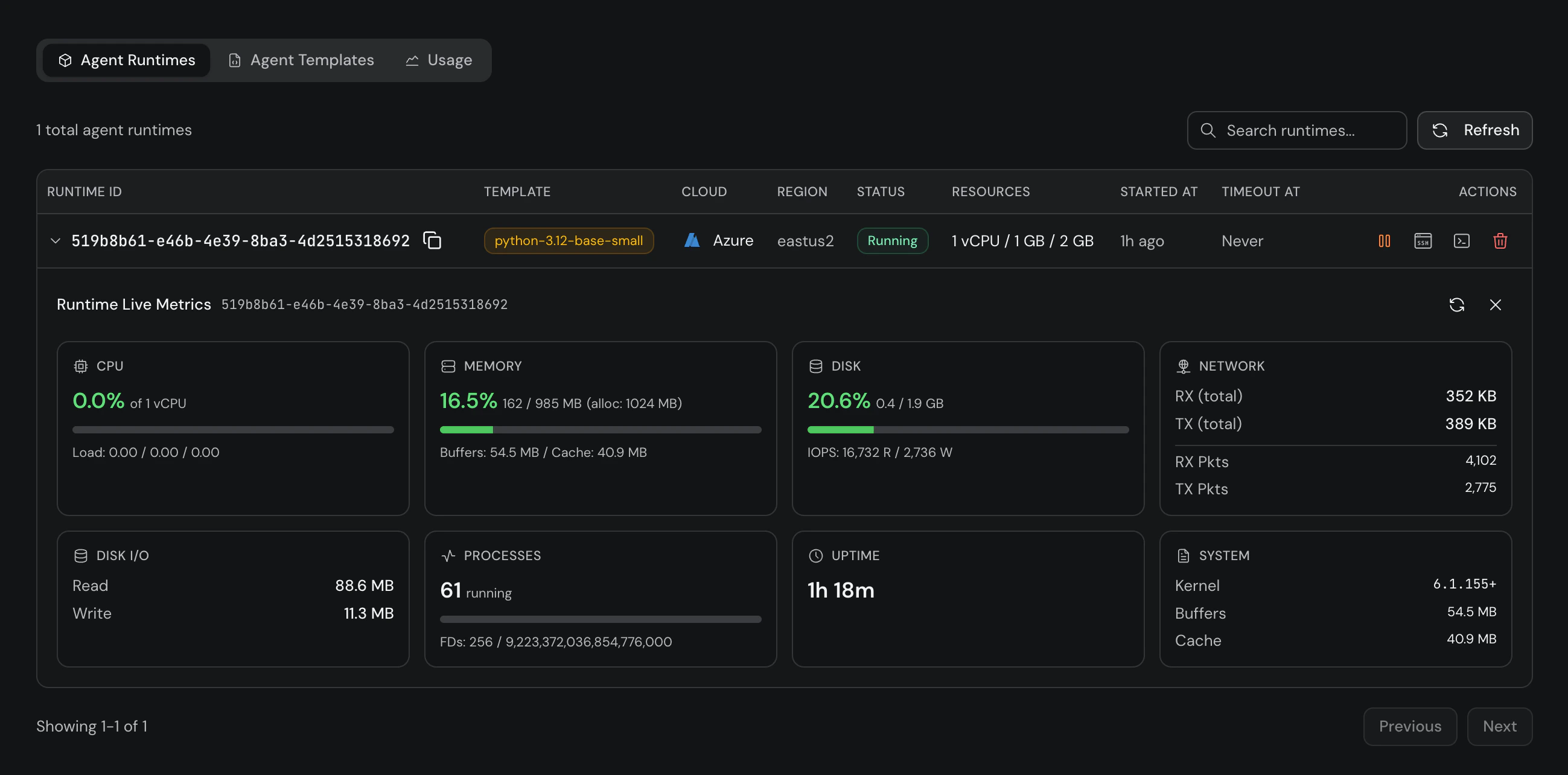 Runtime Live Metrics panel showing CPU, memory, disk, network, processes, and uptime