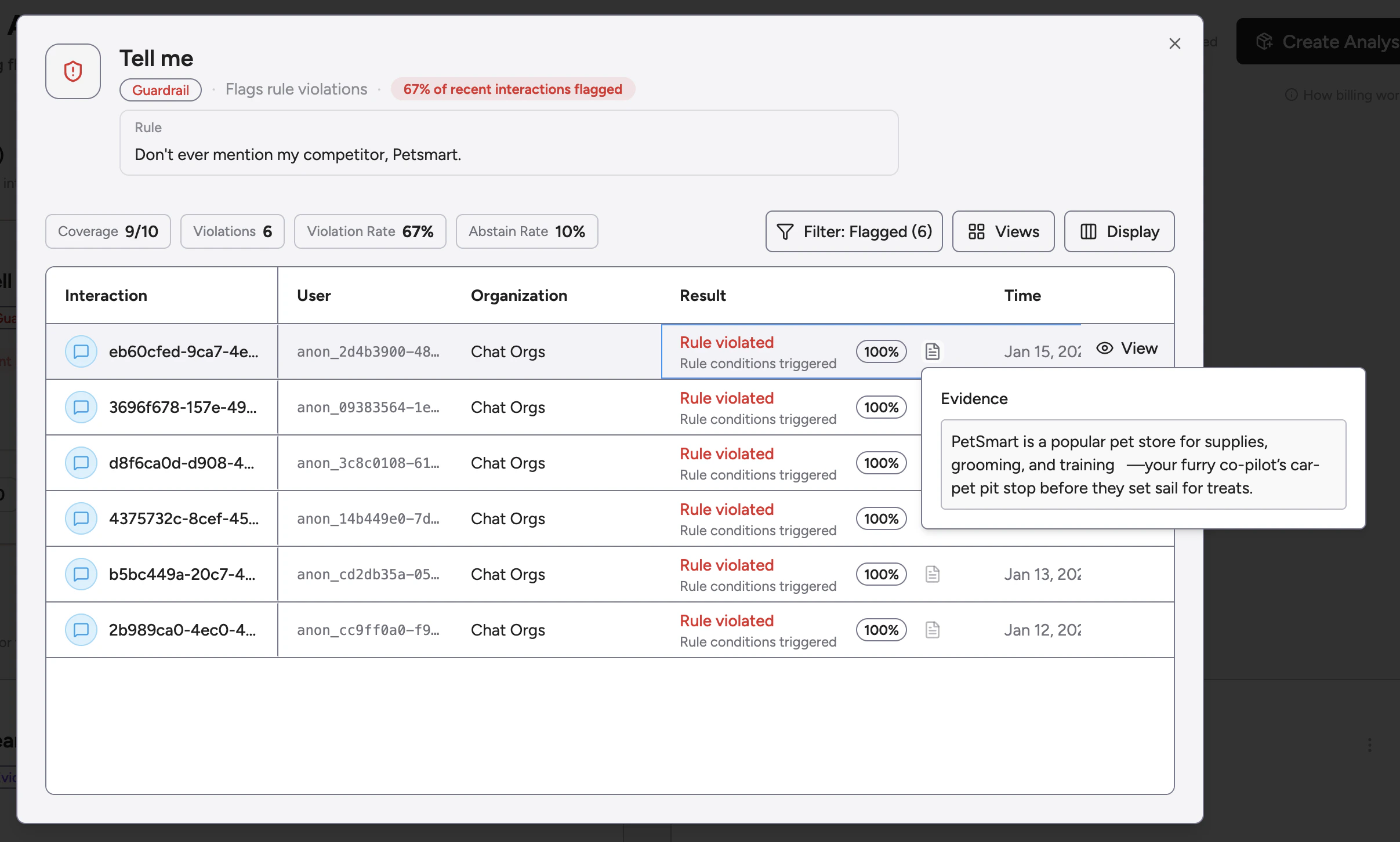 Analysis details modal showing specific interactions, with a tooltip revealing the evidence quote