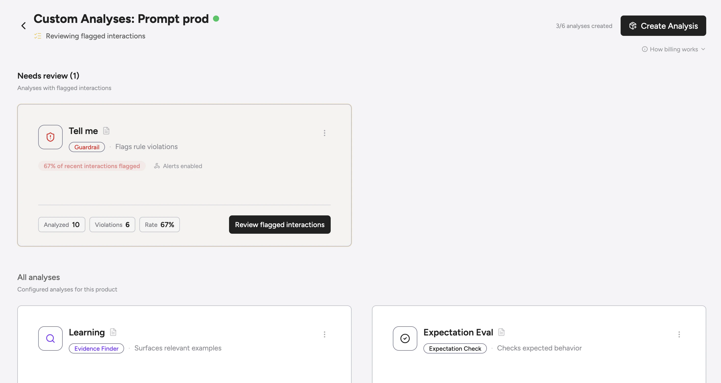 Custom analysis list (badges appear on cards only when many recent interactions have been flagged)