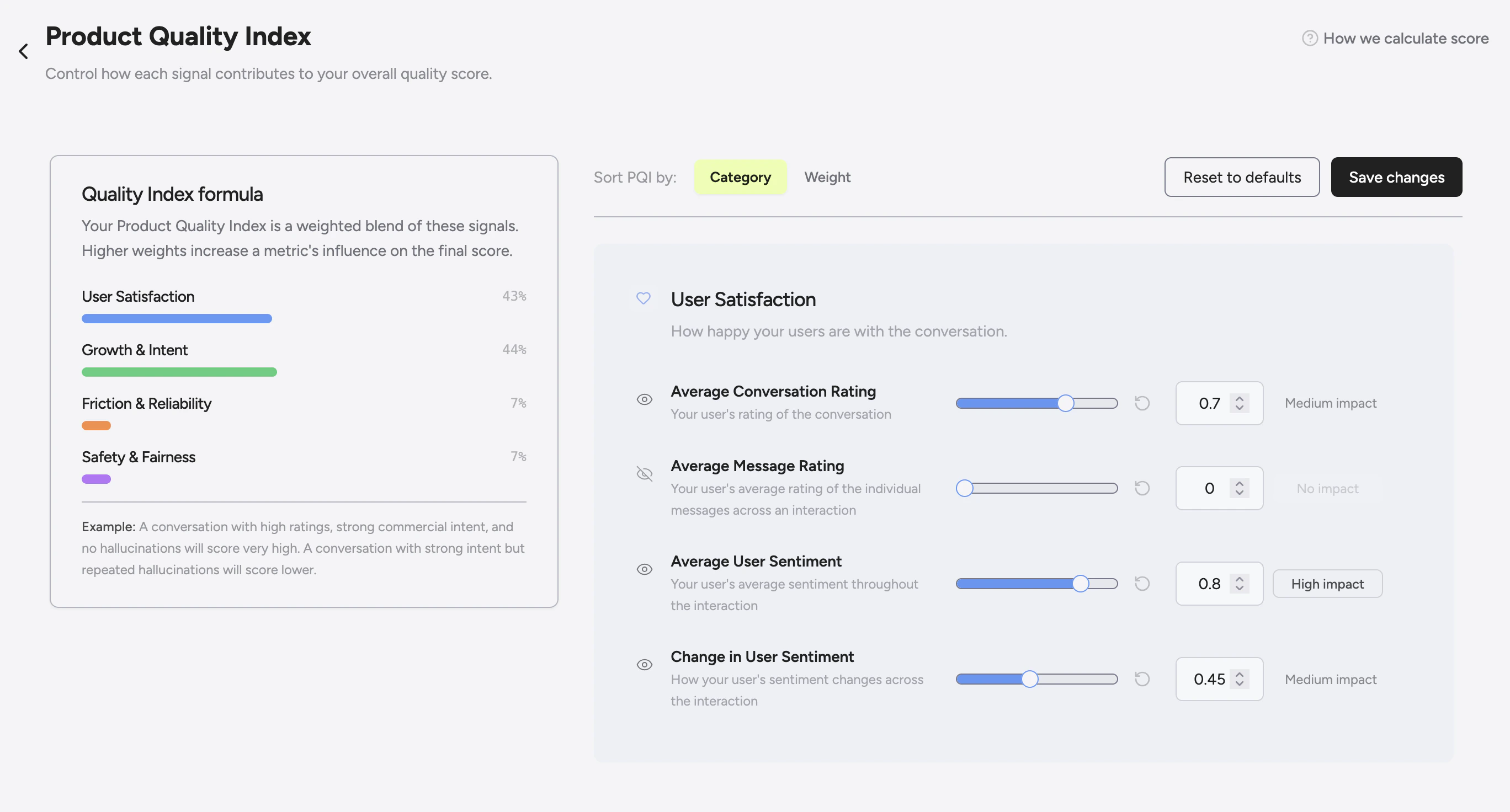 Product Quality Index Weight Config