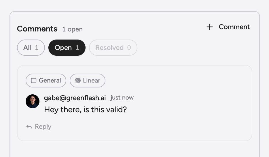Comment thread synced between Greenflash and Linear