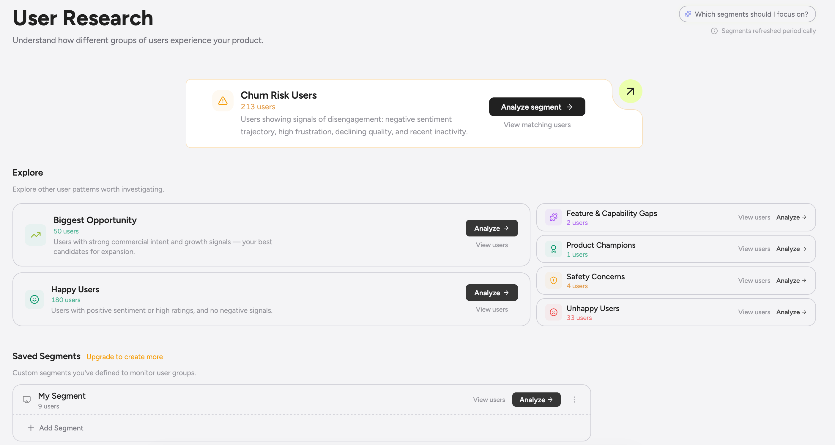 Redesigned User Research page — spotlight, explore grid, saved cohorts