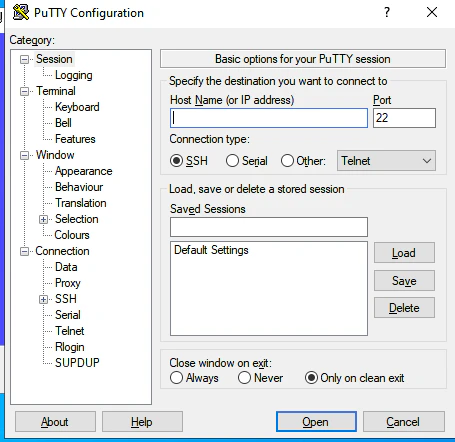 PuTTY Configuration window