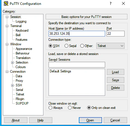 PuTTY with VPS host filled in