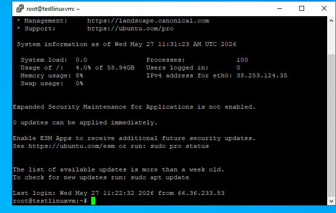 PuTTY connected to Linux VPS