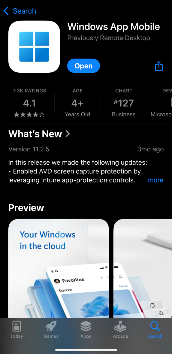 Windows App Mobile listing in the Apple App Store