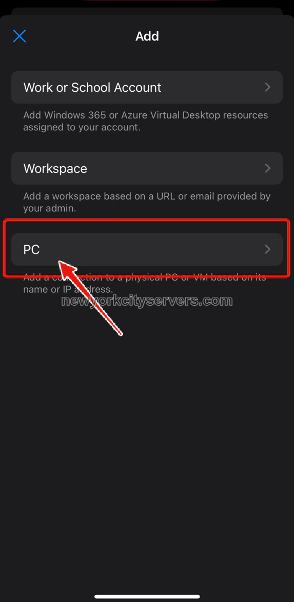 Add menu with PC option highlighted