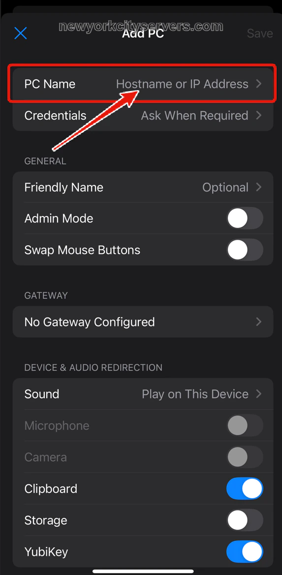 Add PC screen with PC Name field highlighted