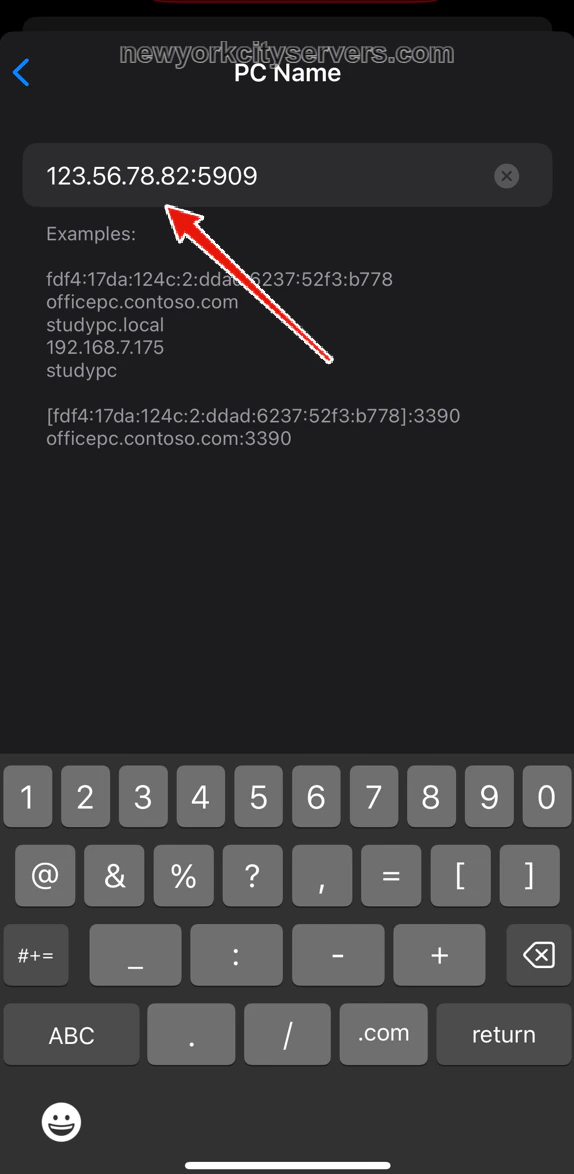 Entering the VPS IP address and port into the PC Name field
