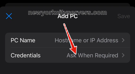 Add PC screen with arrow pointing to Credentials field