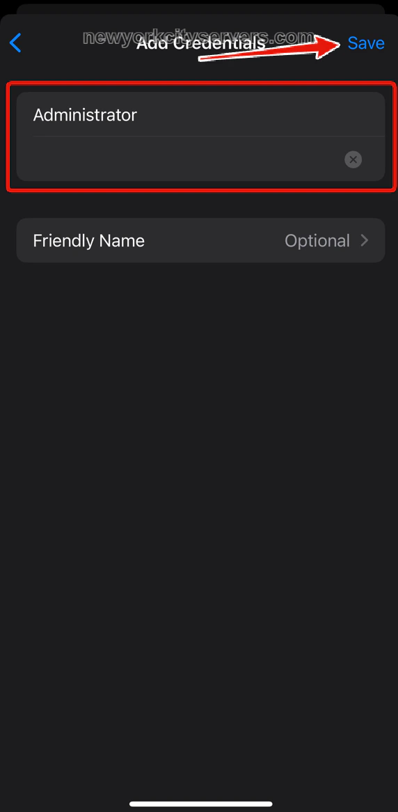 Add Credentials screen with Administrator username and Save button