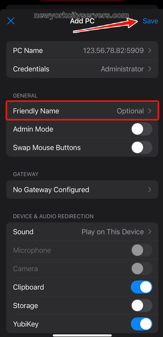 Completed Add PC screen showing IP and credentials with Save button