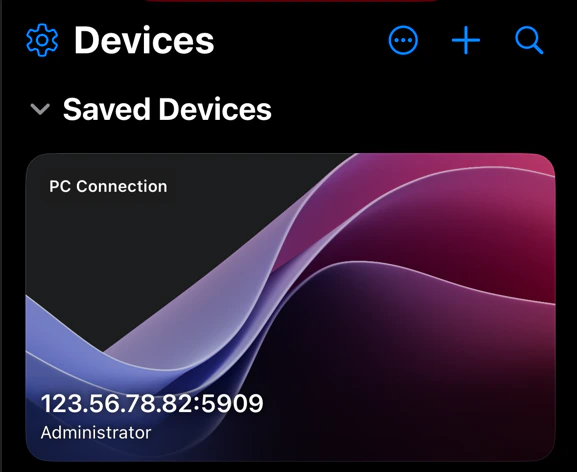 Saved device card showing the VPS connection ready to use