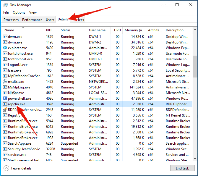 Locate the rdpclip.exe process in Task Manager