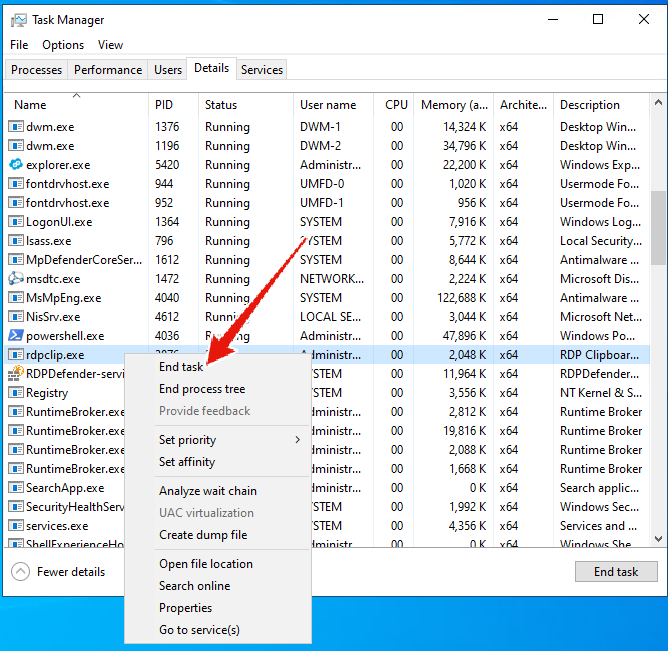 End the rdpclip.exe process