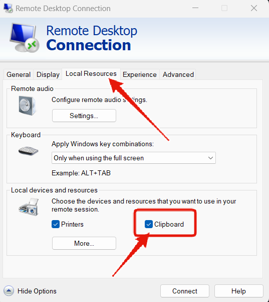 Enable Clipboard under Local Resources settings