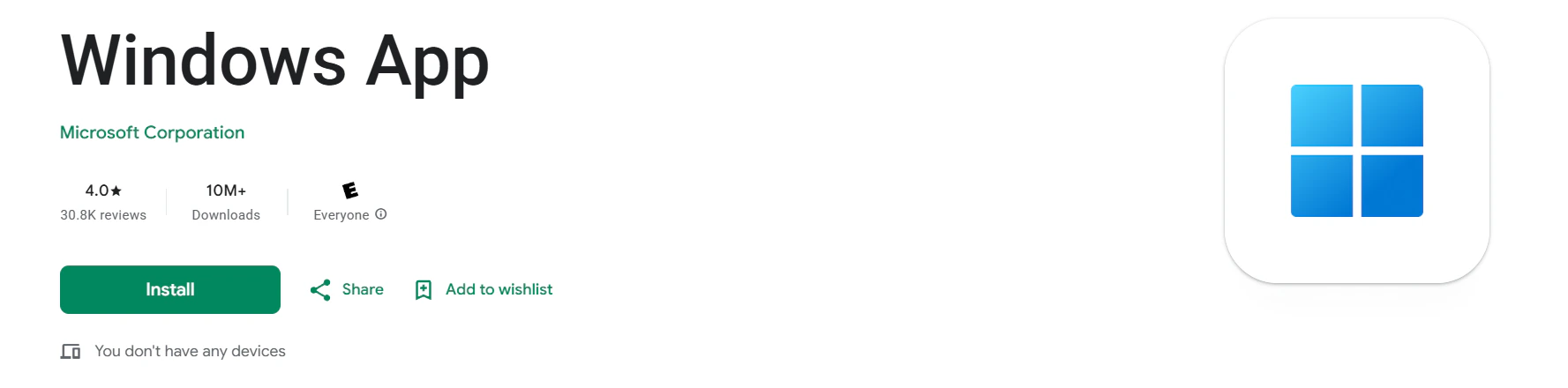 Google Play Store page for Windows App by Microsoft Corporation