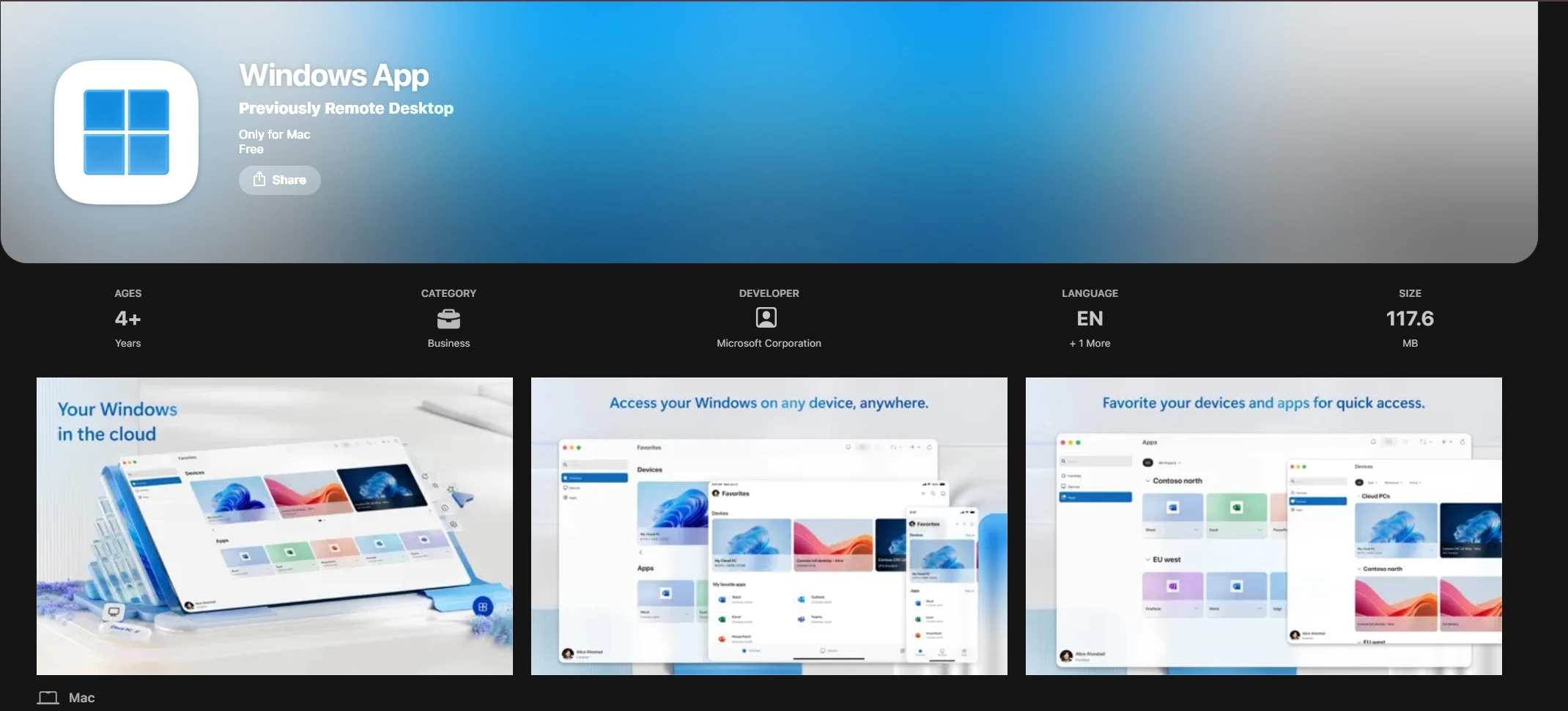 Mac App Store page for Windows App, previously Remote Desktop, by Microsoft Corporation