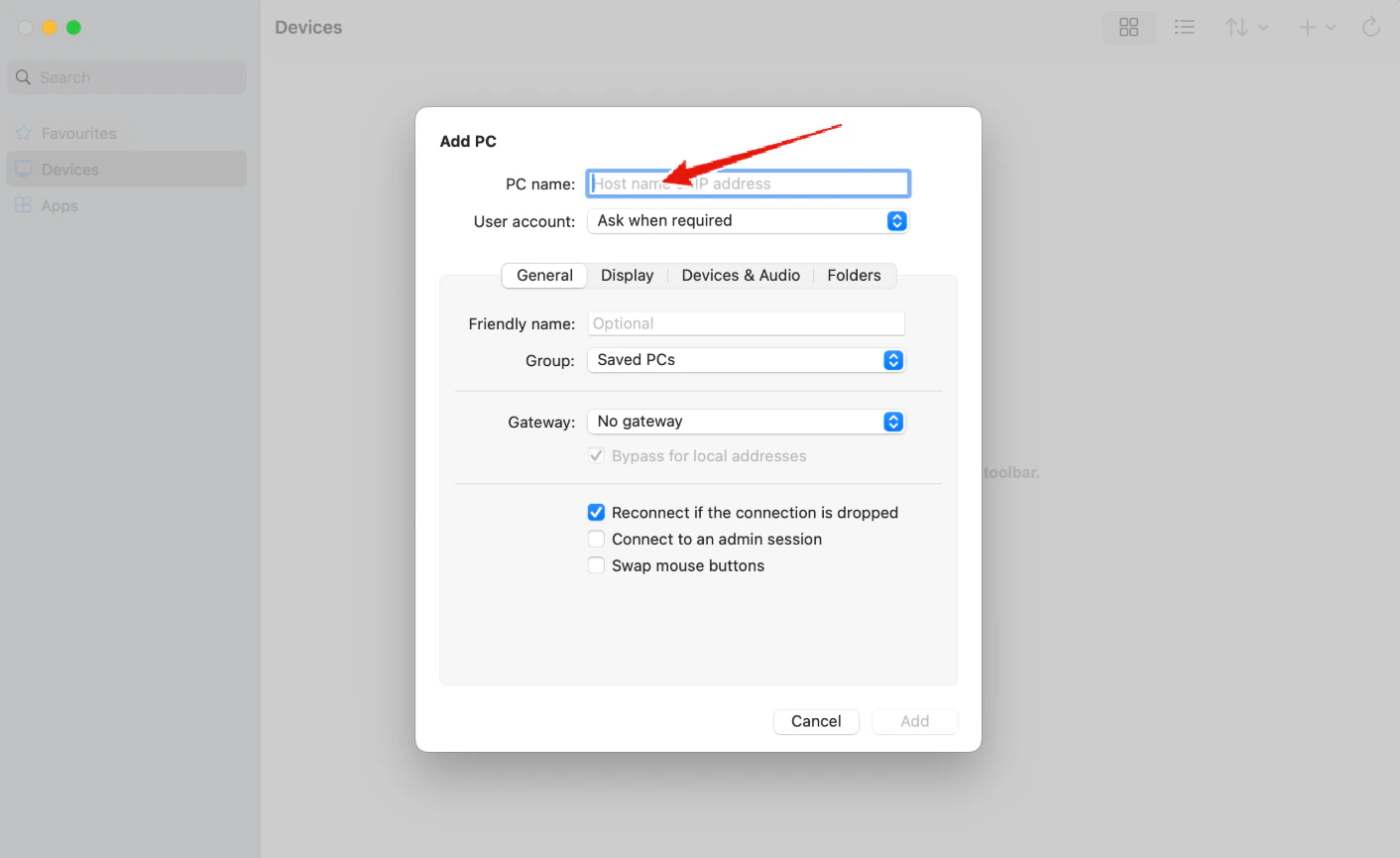 Add PC dialog with an arrow pointing to the PC name host or IP address field