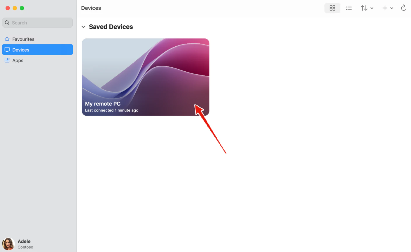 Devices screen showing a saved PC card under Saved Devices