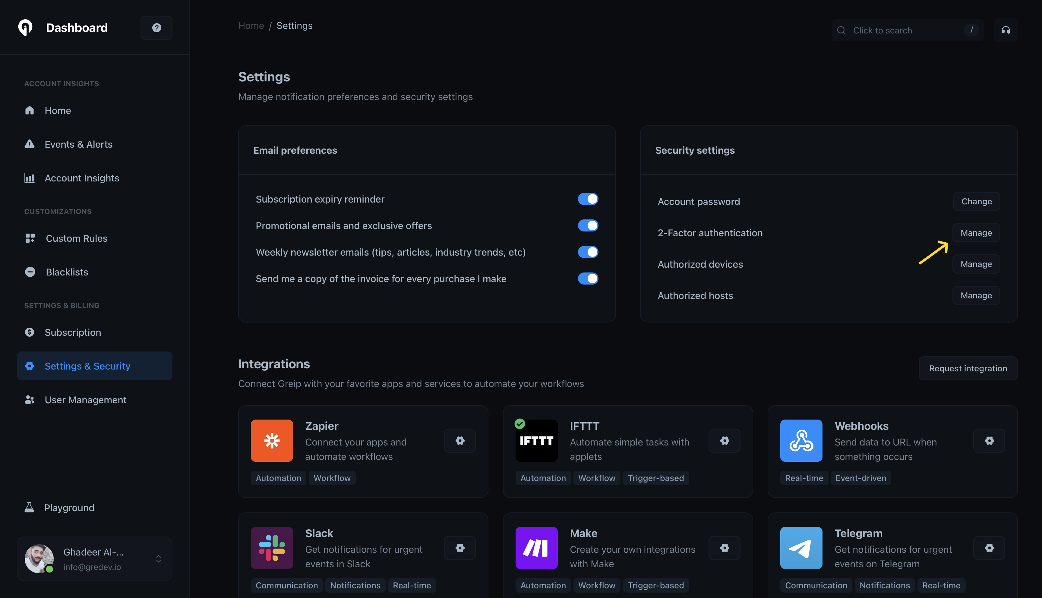 Greip Dashboard - Enabling 2FA