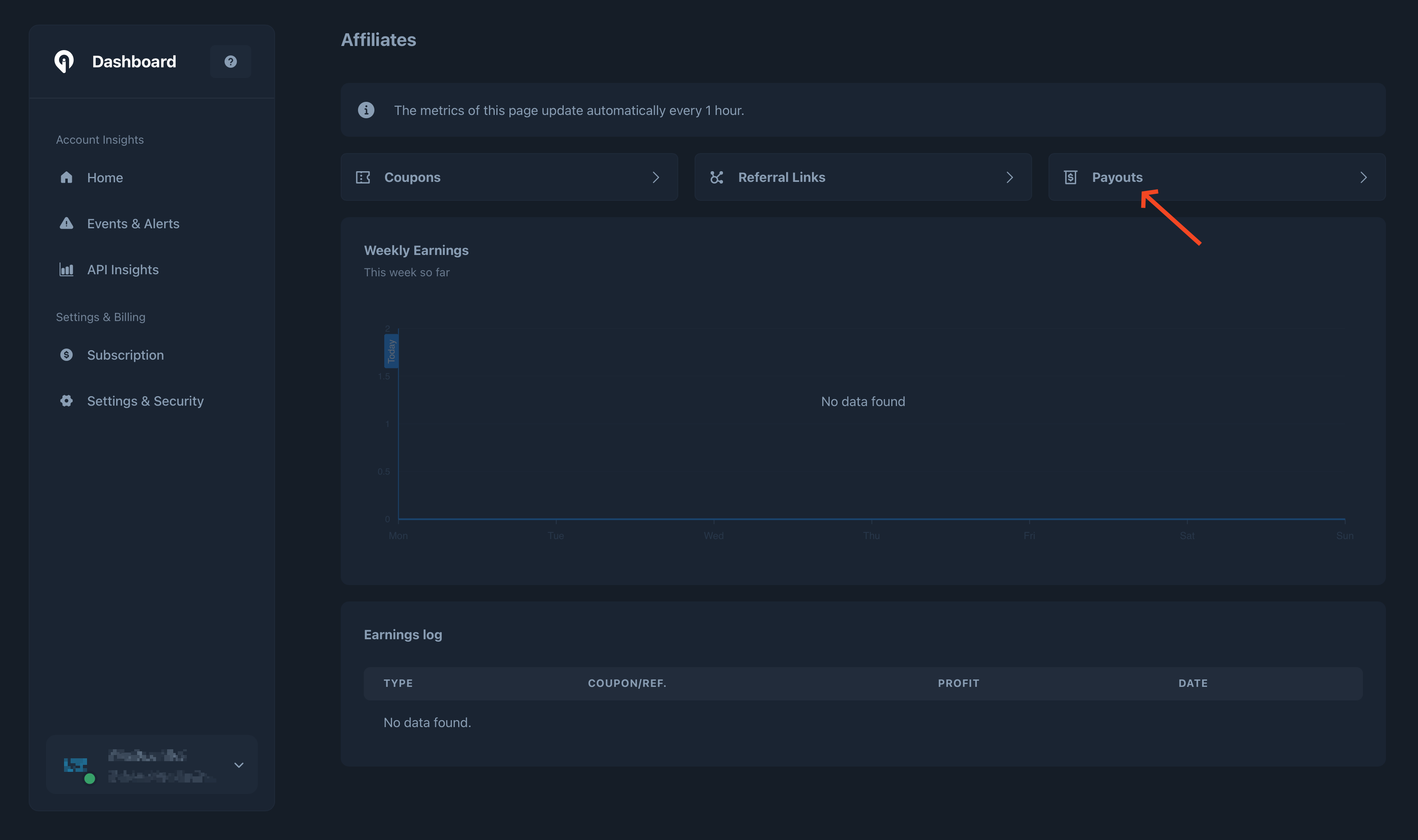 Greip Affiliates Partner Dashboard - Accessing payouts section
