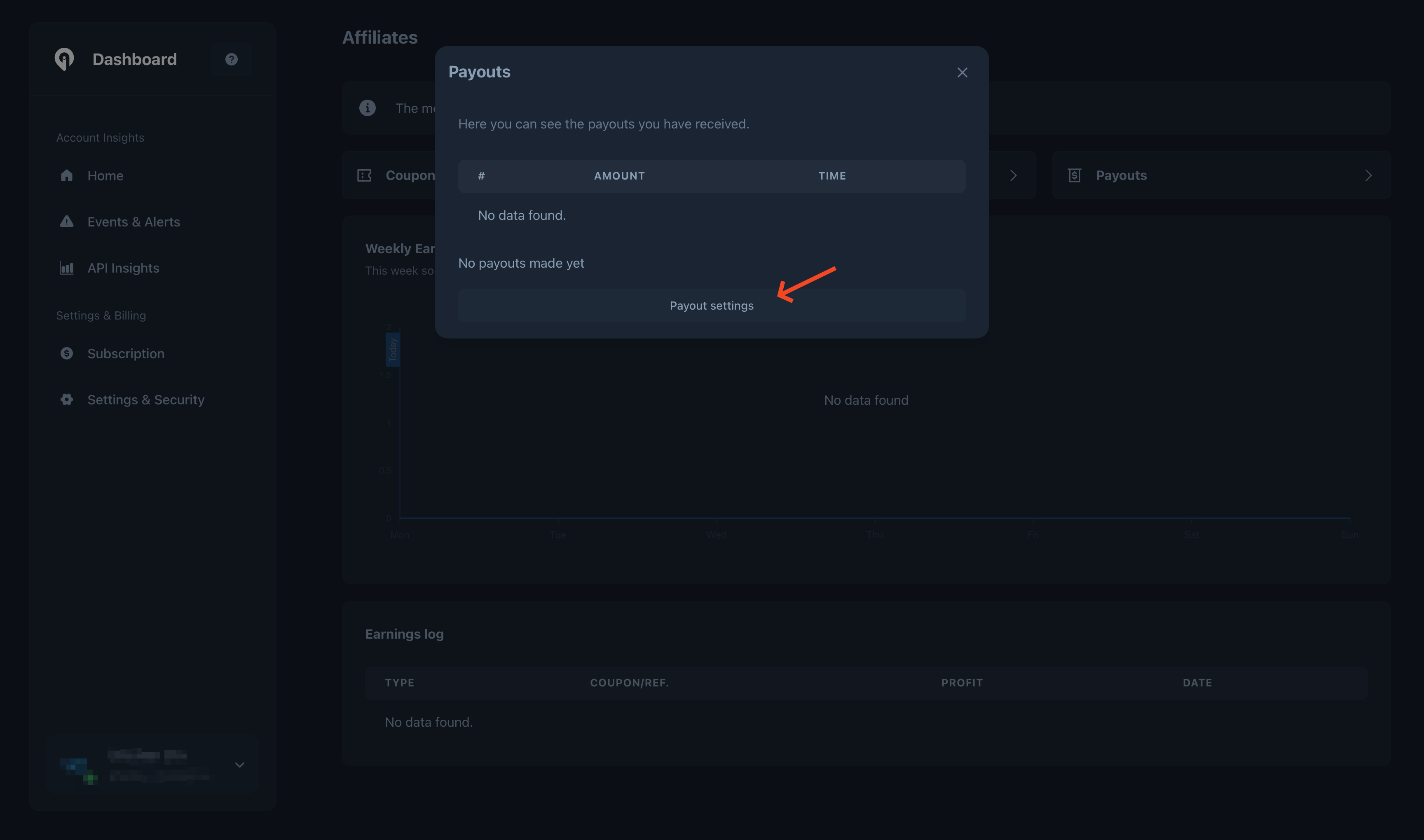 Greip Affiliates Partner Dashboard - Accessing payout settings