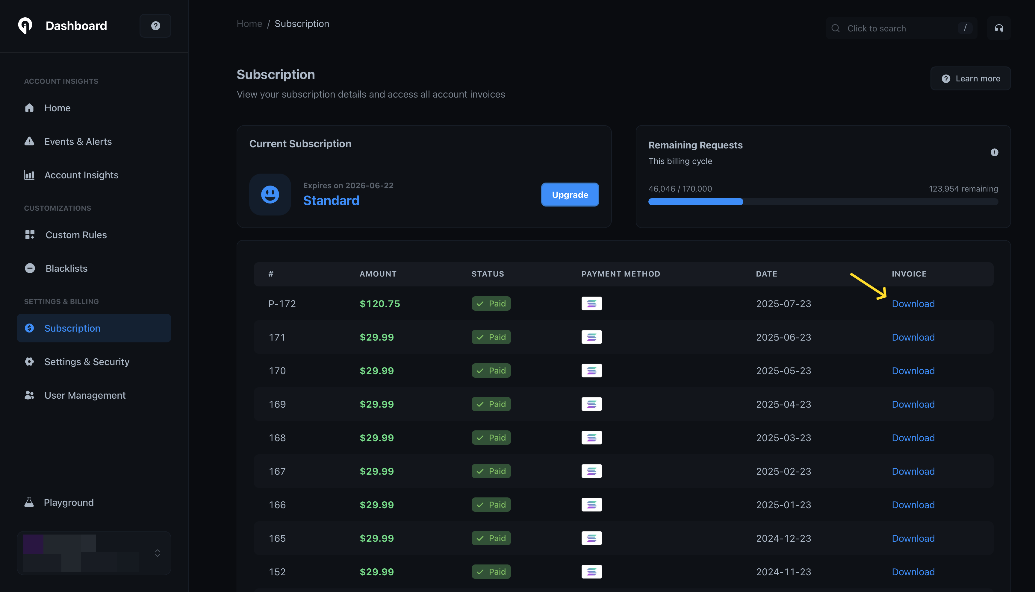Greip Dashboard - Downloading the
invoices