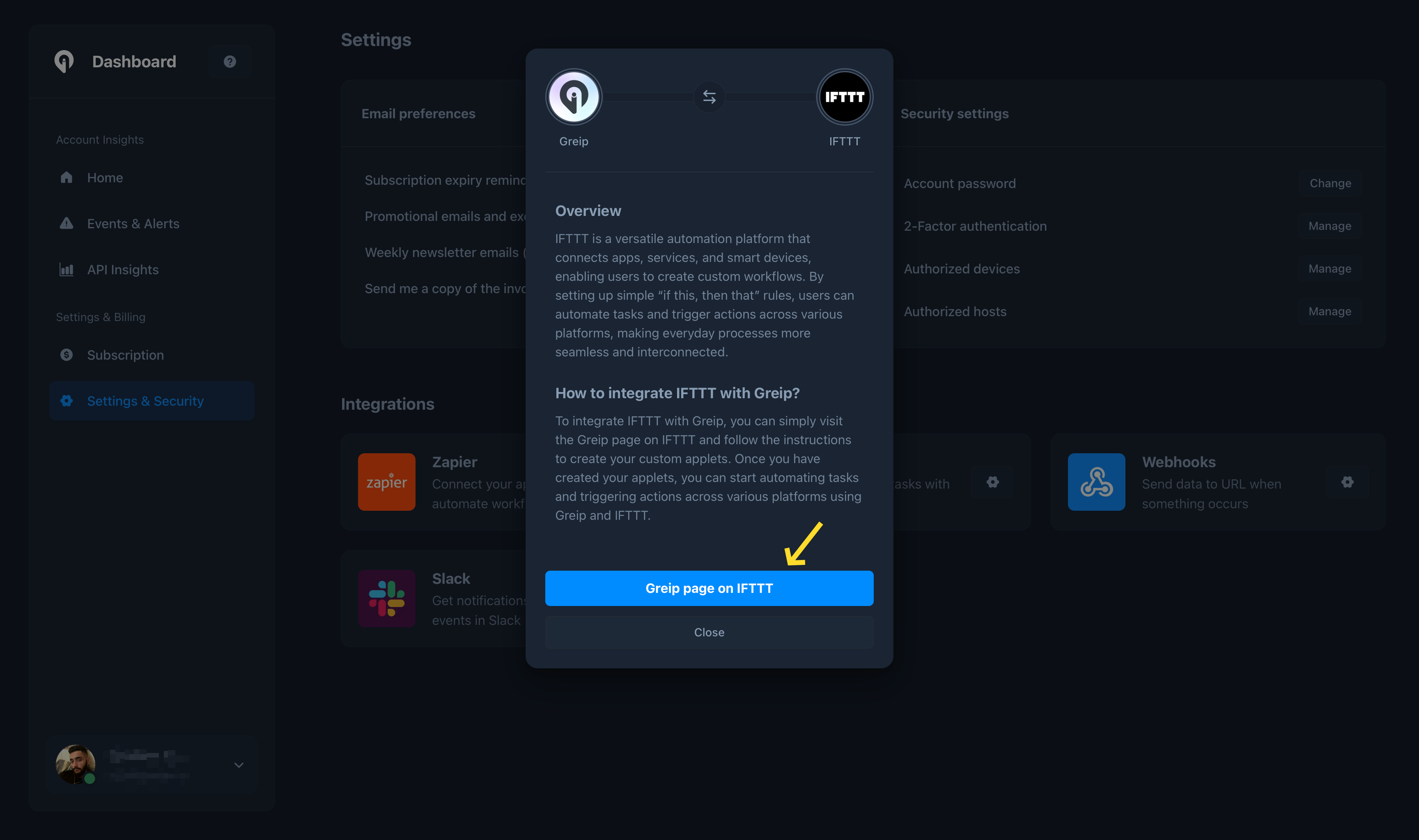 Greip Dashboard - IFTTT Integration