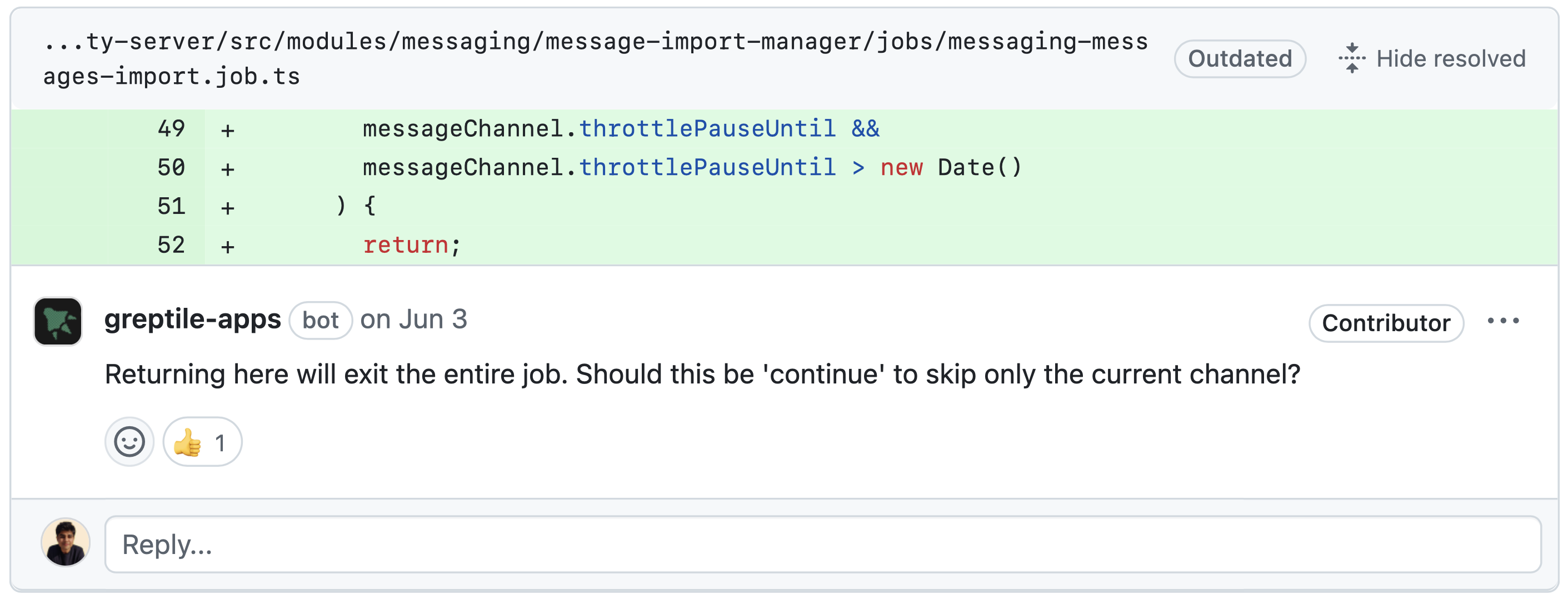 Example of Greptile AI code review comments