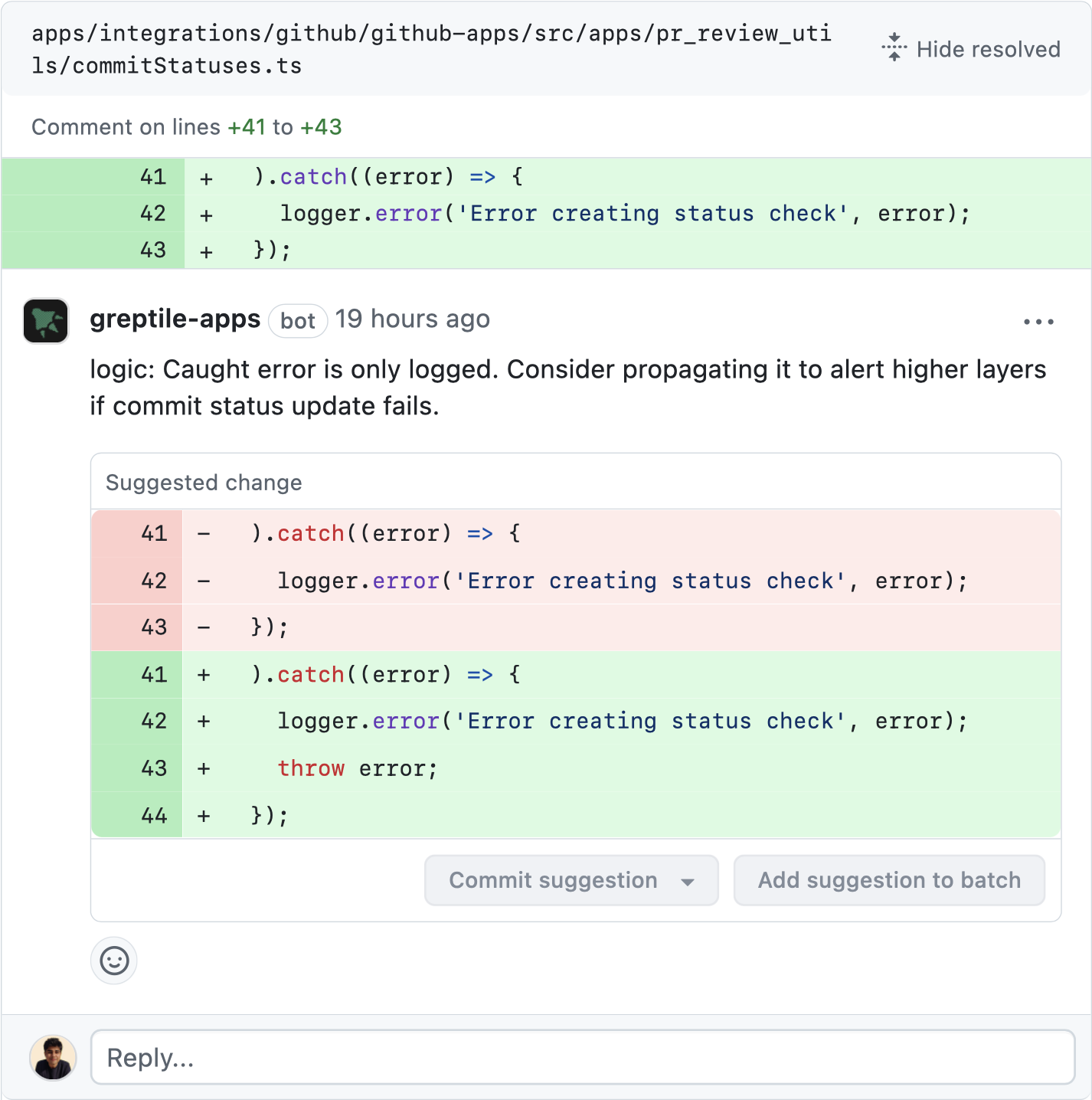 Example of Greptile AI code review suggestions