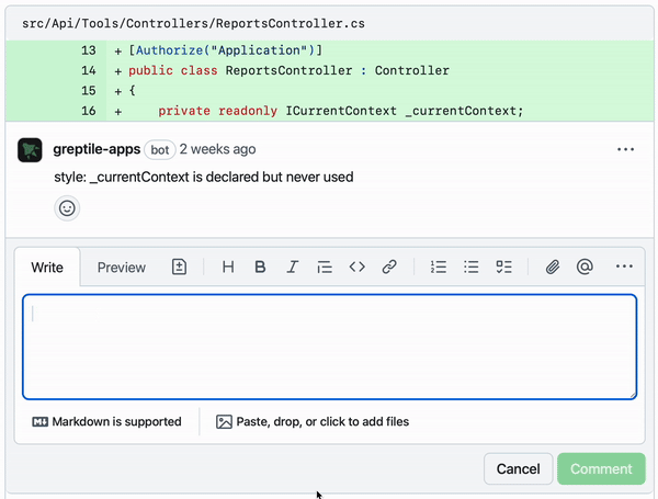 Example of Greptile AI code review conversation