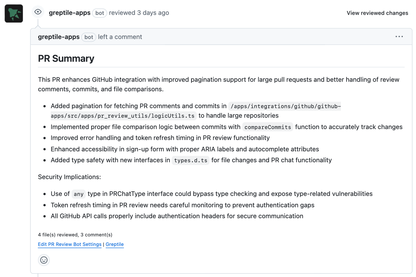 Example of Greptile AI code review summary