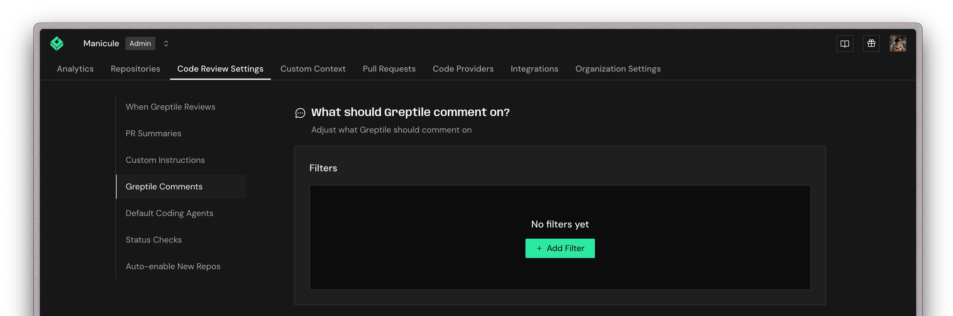 Greptile Comments filter settings with Add Filter button